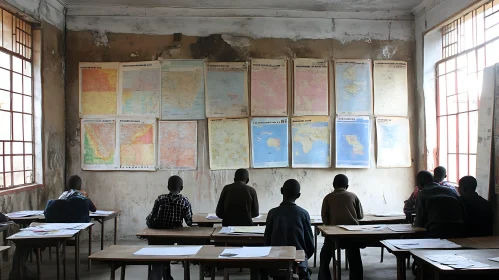 Students in Classroom with World Maps