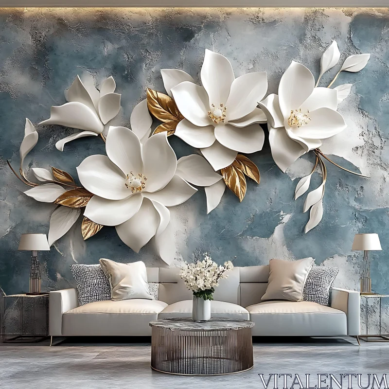 Modern Floral Wall Art in Elegant Living Room AI Image