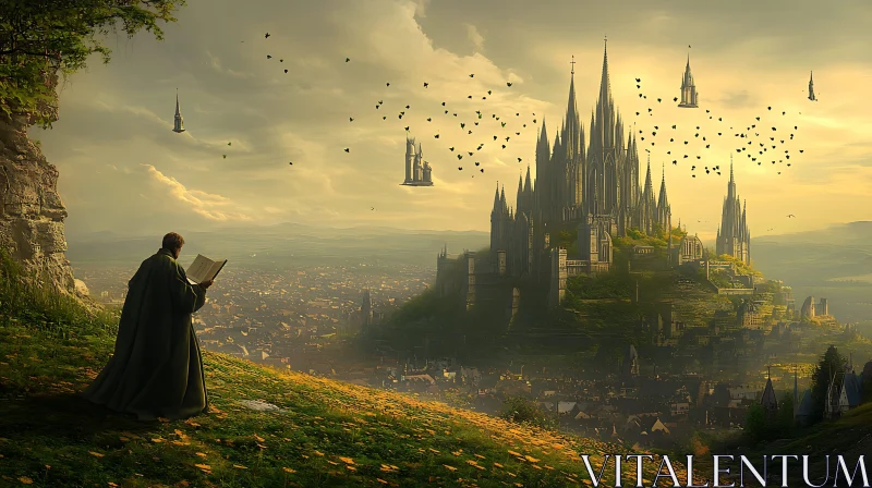 AI ART Hilltop Reader Overlooking Majestic Castle