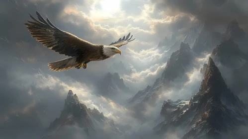 Eagle in Flight Over Peaks