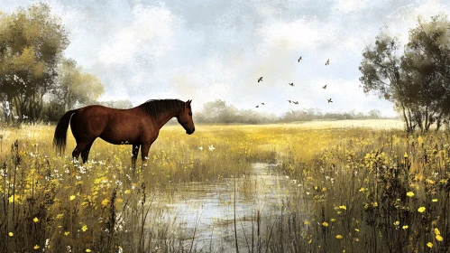 Horse in a Tranquil Field