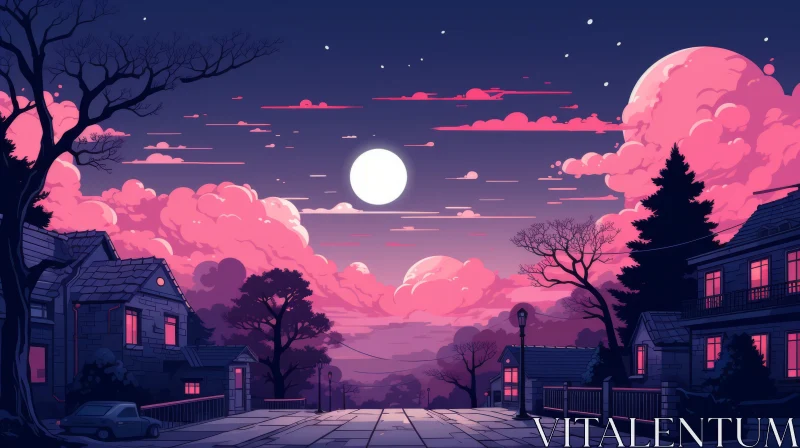 Colorful Night Cityscape on Pink Moon - Anime Art AI Image