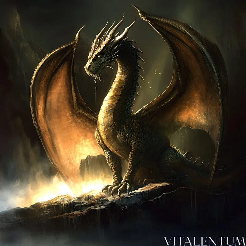 Fantasy Dragon with Golden Wings Art AI Image