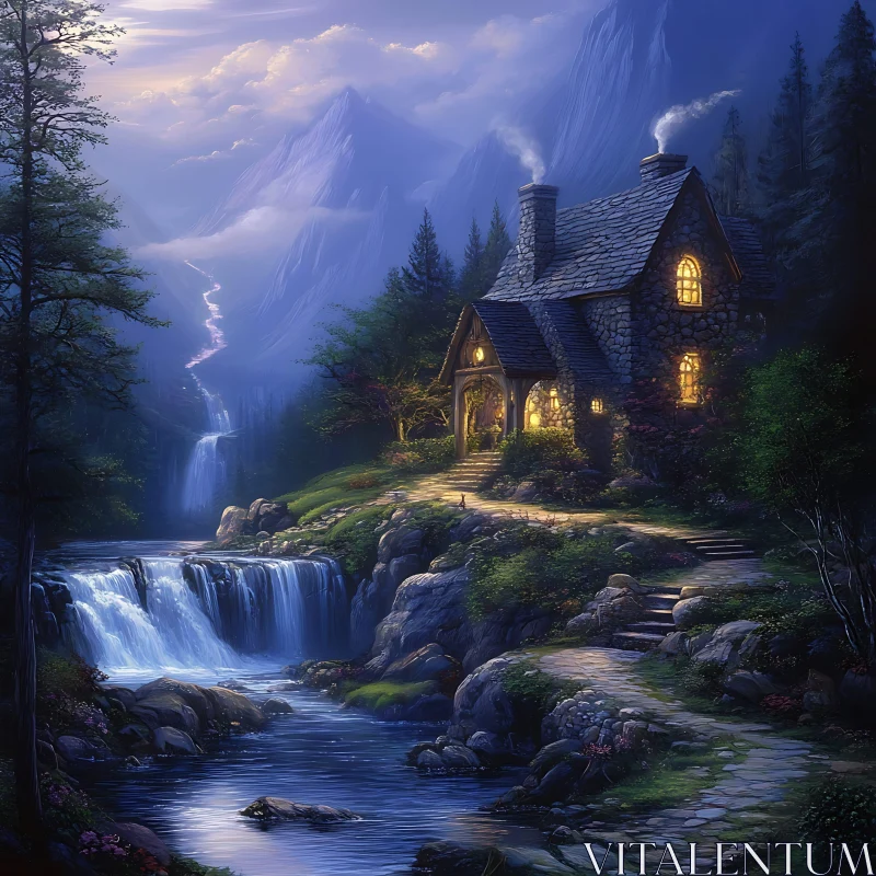 AI ART Serene Cottage Retreat by Waterfall