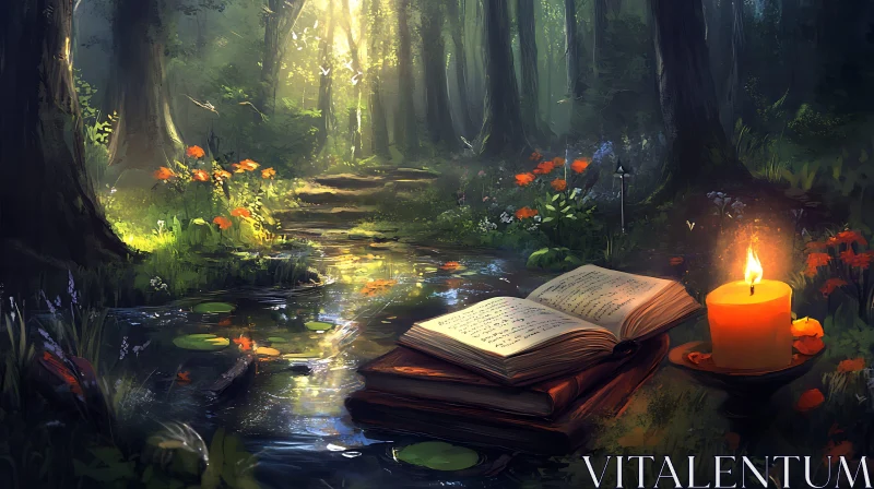 Forest Stream with Book and Candle AI Image