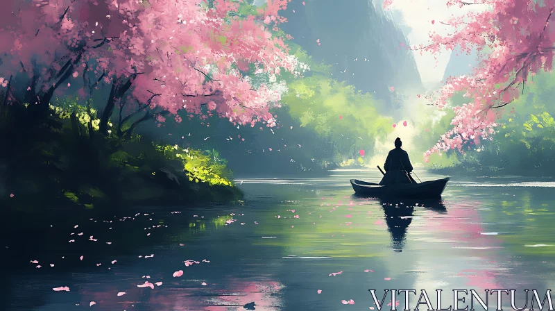 Cherry Blossom River with Lone Boat AI Image