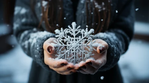 Delicate Winter Beauty: Hand Holding a Snowflake in Comfycore Style