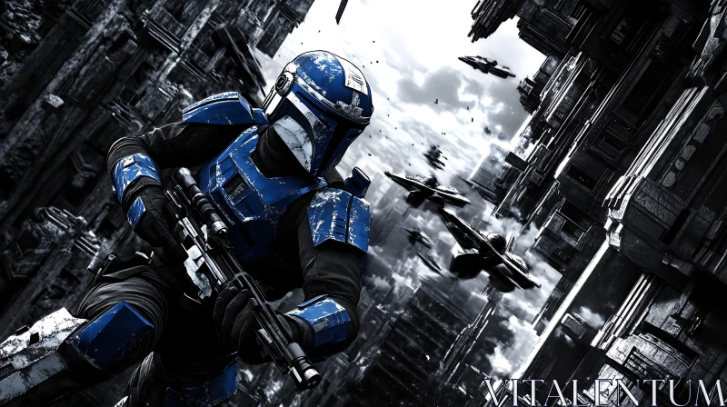 AI ART Blue Armored Soldier in Sci-Fi City