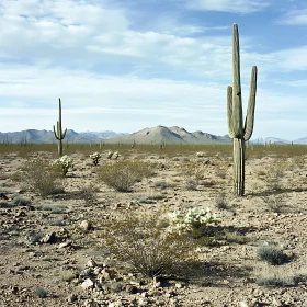 Desert Scene with Tall Cacti and Distant Hills