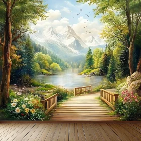 Scenic Wooden Bridge Overlooking Serene Lake and Majestic Mountains