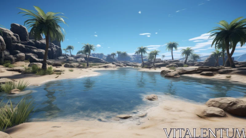 Engaging Desert Landscape with Water and Palm Trees AI Image