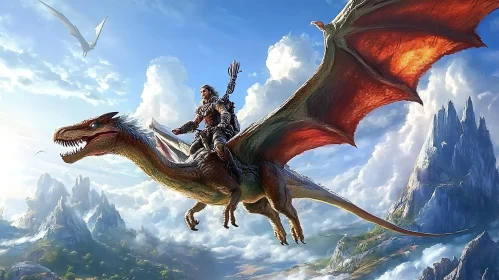 Warrior and Dragon Flight Above Mountains