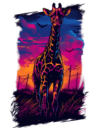 Giraffe Silhouette Art with Neon Sunset - Perfect for T-shirt Design