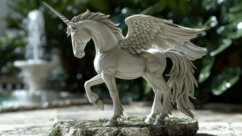 Majestic 3D Rendering of a White Winged Unicorn in a Mystical Forest