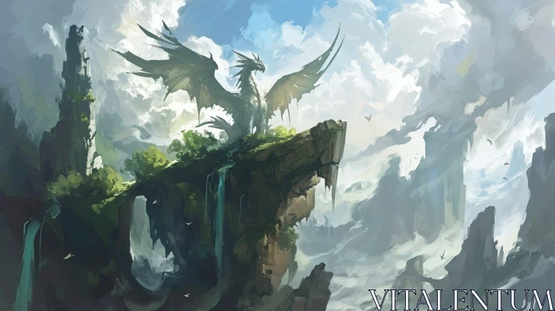Majestic Dragon Perched on a Cliff - Fantasy Painting AI Image