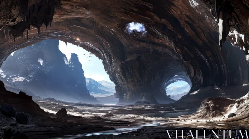 Mysterious Alien Planet Landscape with Cave and Blue Lake AI Image