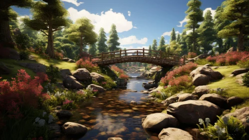 Storybook Forest Landscape with Wooden Bridge