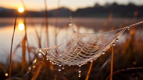 Sunset Spider Web Over Lake: Nature's Intricate Artwork