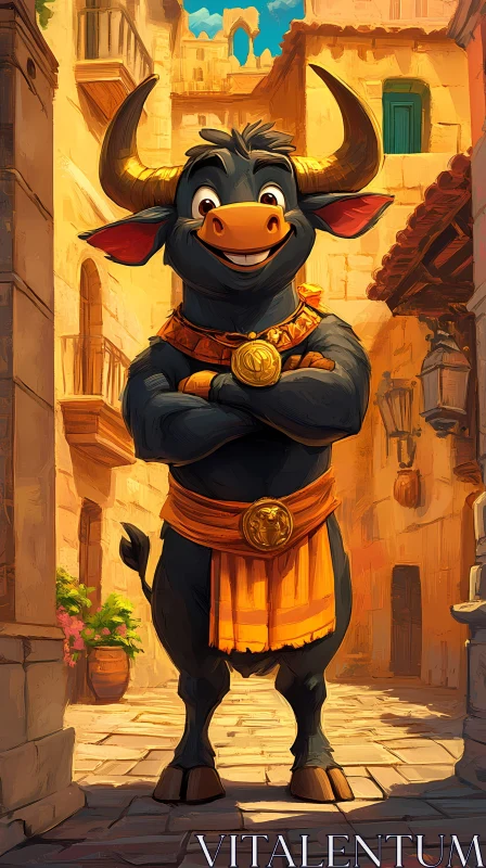 Smiling Animated Bull Character in Alley AI Image