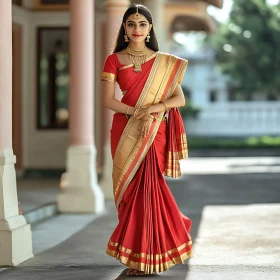 Indian Woman in Red and Gold Saree