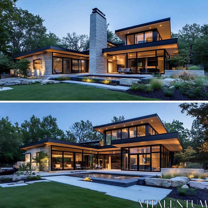 Contemporary Home with Glass Windows and Lush Greenery AI Image