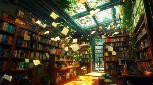 Sunlit Library with Flying Pages