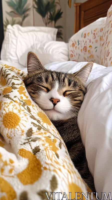 Peaceful Cat in Bed with Floral Blanket AI Image