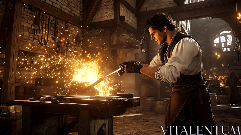 AI ART Medieval Blacksmith Working in Forge