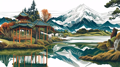 Mountain Lake Pagoda Peaceful Vista