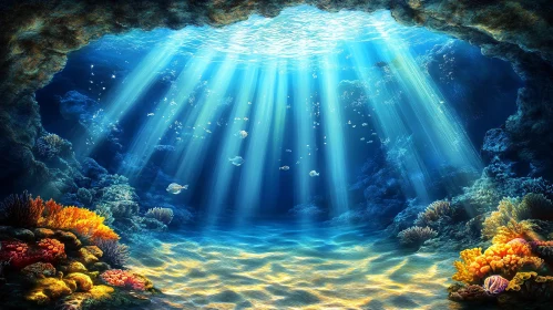 Sunlit Sea Cave with Vibrant Underwater Life