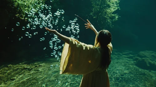 Submerged Woman with Bubbles in Water