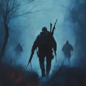 Military Men Walking in the Fog