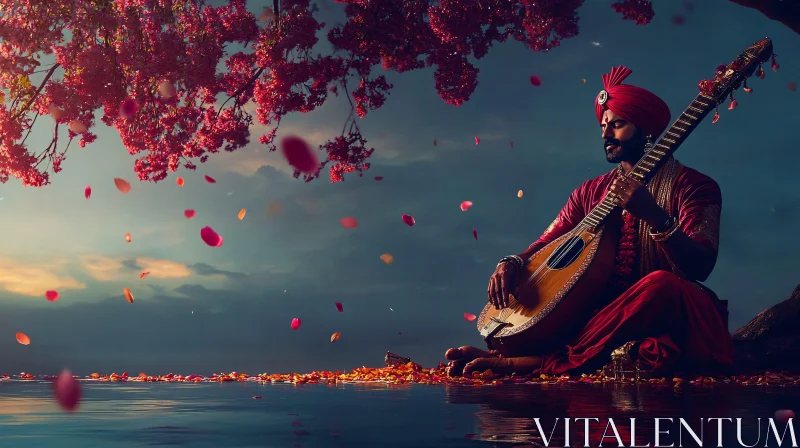 AI ART Tranquil Musician by Blossoming Waters