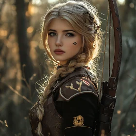 Female Archer with Bow in Woodland