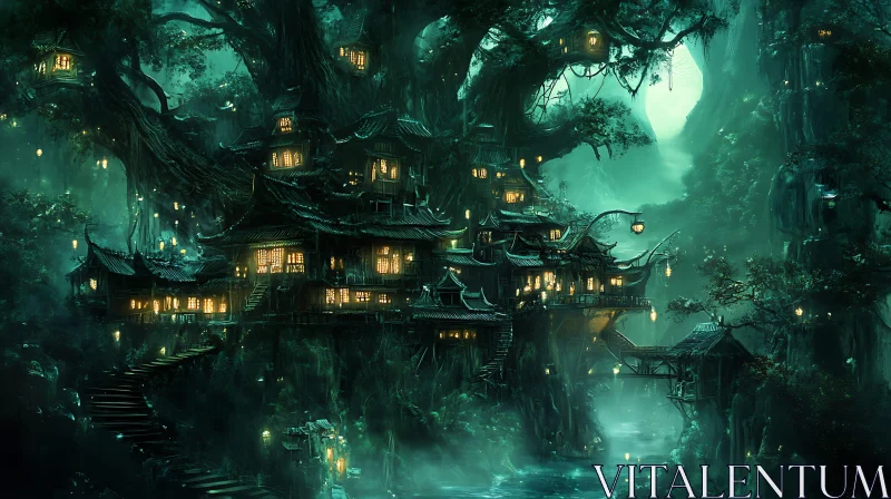 Mystic Village in Giant Tree AI Image