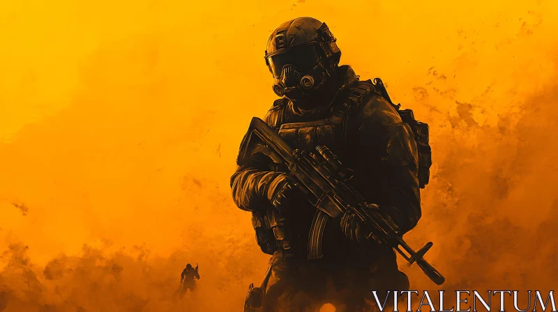 Armed Soldier in Orange Haze AI Image