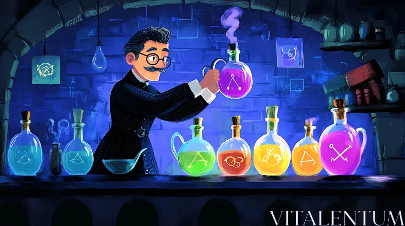 Cartoon Man Mixing Potions AI Image