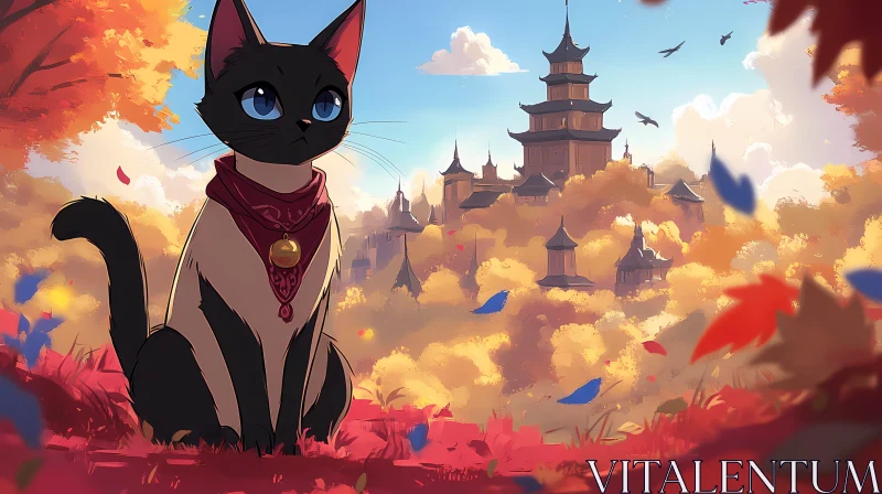 Anime-Inspired Cat and Temple Landscape AI Image