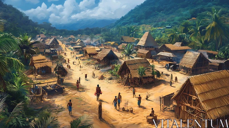 AI ART Lush Tropical Village Scene with Straw Roofs