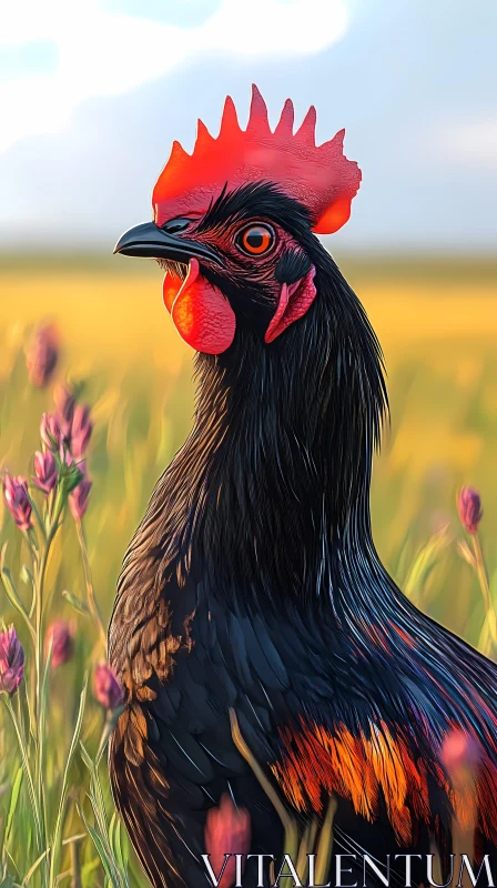 Bold Rooster in Blooming Field AI Image