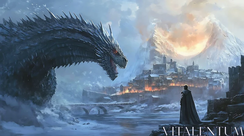 Winter Cityscape with Dragon and Figure AI Image