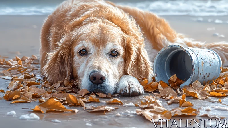 Beach Dog with Leaves AI Image