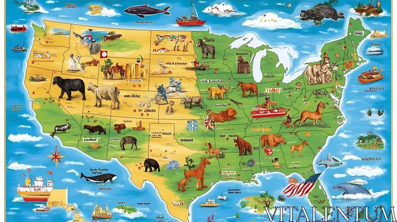 Cartoon Map of the United States Featuring Wildlife AI Image