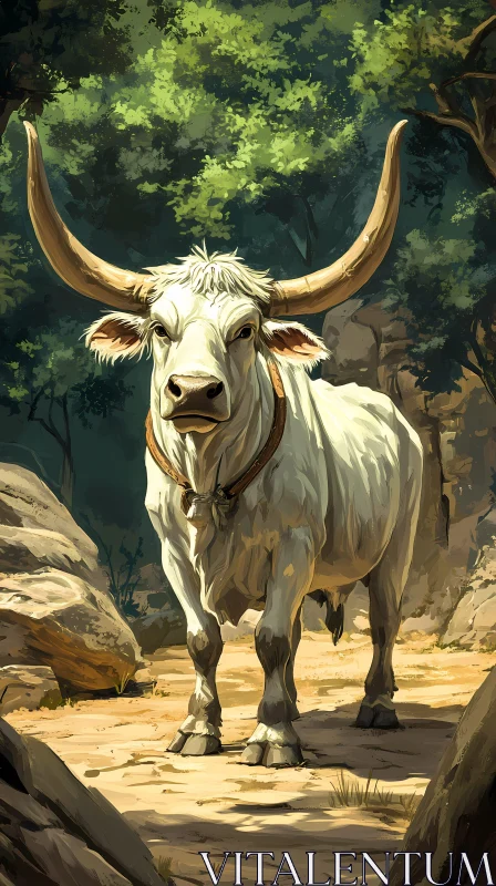 White Bull in Forest Clearing AI Image