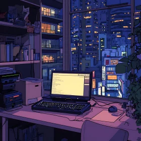 Office Desk Overlooking Bright City at Night