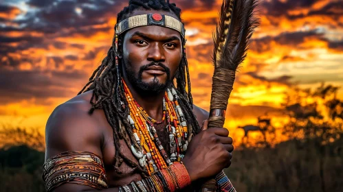 African Warrior with Feathered Staff