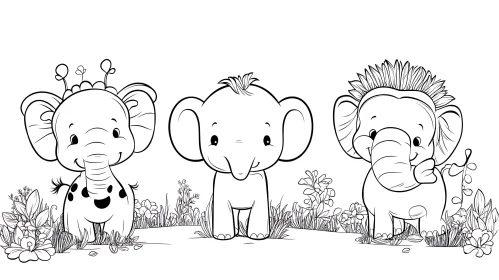 Cute Black and White Cartoon Elephants