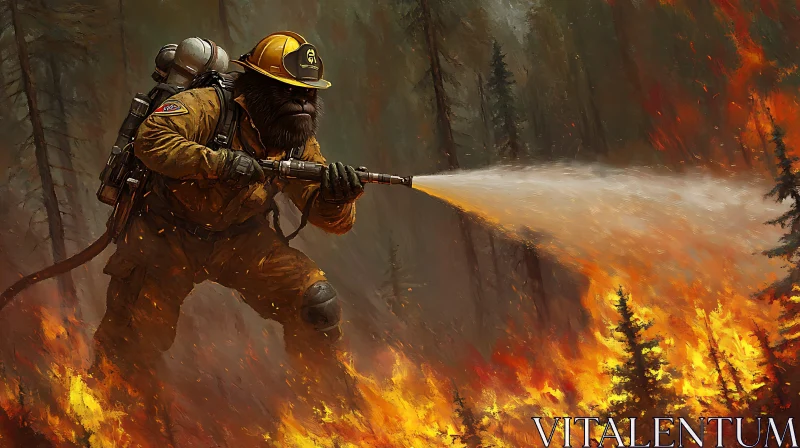 Brave Firefighter Fighting Raging Forest Fire AI Image