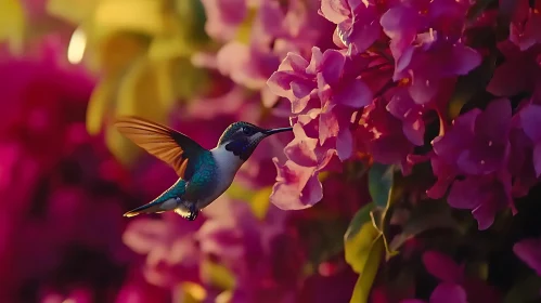 Hummingbird Sipping Nectar From Pink Flowers