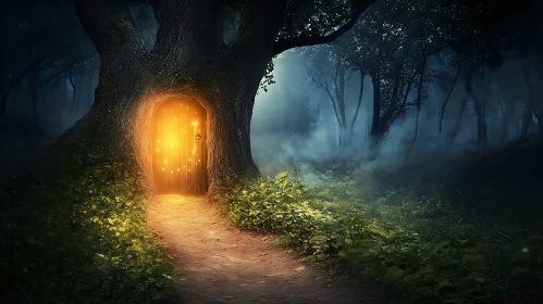 Enchanted Tree Doorway in Dark Forest